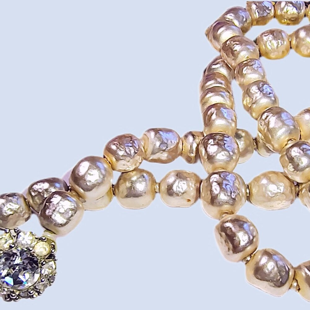 Long Luxurious Baroque Pearl Necklace, Rhinestones Flower Hook Clasp Unsigned